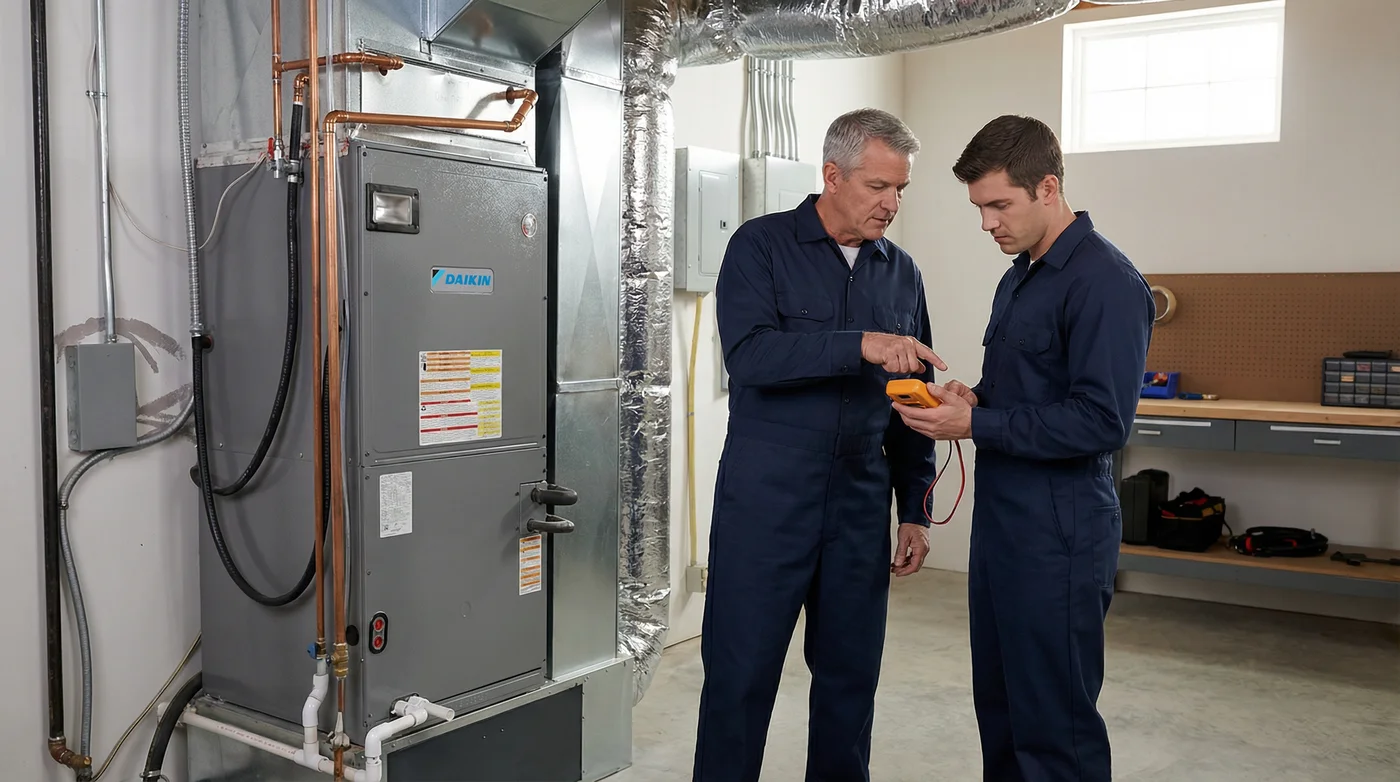 A senior and a younger Denoco technician checking a Daikin system together in a mechanical room