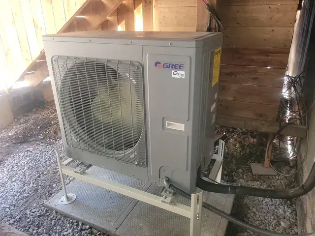 A Denoco outdoor HVAC or heat pump unit on a job site