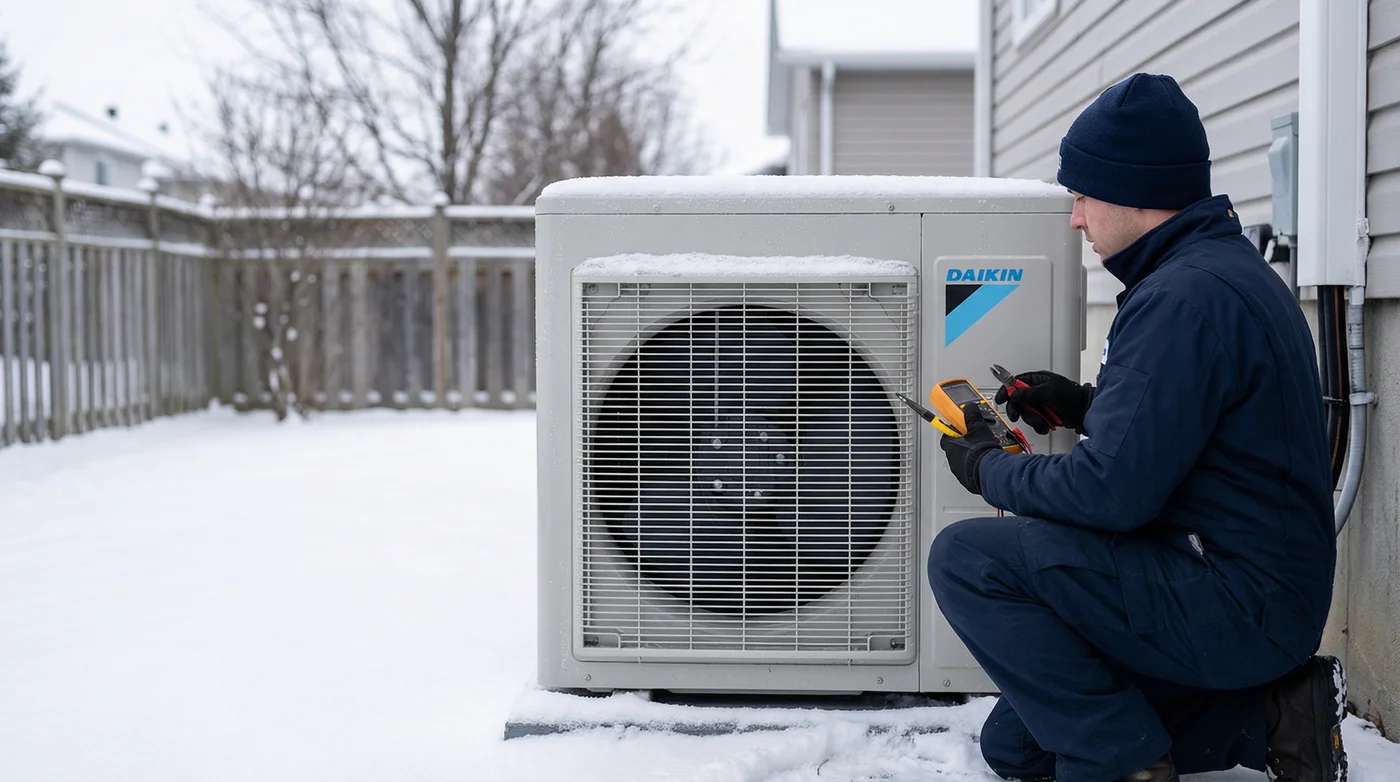 A technician servicing a Daikin heat pump outdoors in the snow