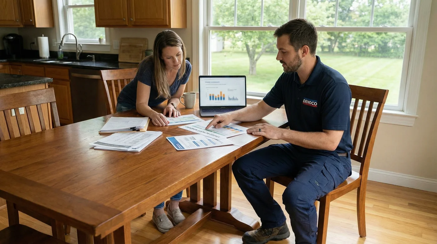 A Denoco advisor reviewing a home energy plan with a homeowner at a kitchen table